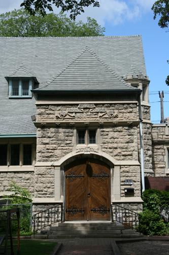 Detail view, from the south, of the entrance to the parish hall of St. Luke's Anglican Church, Winnipeg, 2007; Historic Resources Branch, Manitoba Culture, Heritage, Tourism and Sport, 2007