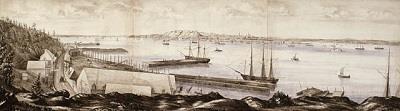 The Davie shipyard is on the left of this view with Quebec towering in the background.; Library and Archives Canada | Bibliothèque et Archives Canada, Acc. No. 1986-15-2