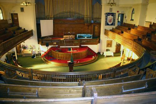 Interior view of the Bethlehem Aboriginal Fellowship Church, Winnipeg, 2007; Historic Resources Branch, Manitoba Culture, Heritage, Tourism and Sport, 2007