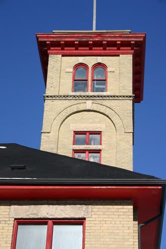 Tower detail of Fire Hall No. 8, Winnipeg, 2007; Historic Resources Branch, Manitoba Culture, Heritage, Tourism and Sport, 2007