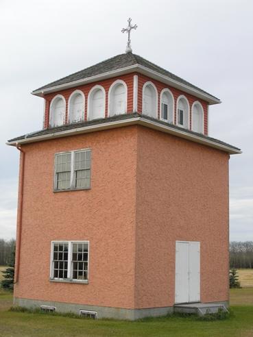 View of bell tower associated with St. Nicholas Ukrainian Catholic Church of St. Michael, Lamont County, looking southwest (October 2005); Lamont County, 2005