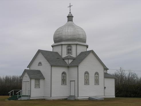 View of the Nativity of the Blessed Virgin Mary Ukrainian Greek Catholic Church, Leeshore, Lamont County, looking northeast (October 2005); Lamont County, 2005