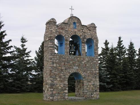 View of the 1935 bell tower associated with the Nativity of the Blessed Virgin Mary Ukrainian Greek Catholic Church, Leeshore, Lamont County, looking west (October 2005); Lamont County, 2005