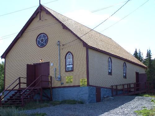Exterior photo view of front and right facades of the Orange Hall, Main Street, Elliston, NL, circa 2006; Tourism Elliston Inc., 2007