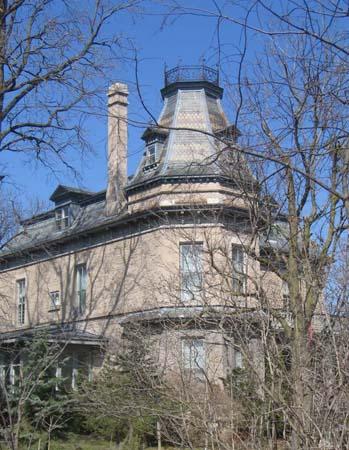 Detailed view of the southeast corner featuring patterned slate roof.; Lindsay Benjamin, 2007