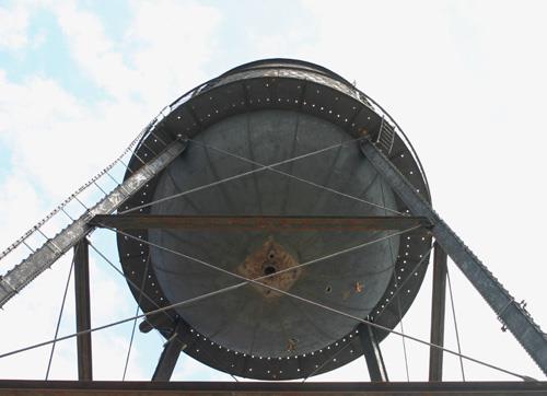 View of the tank, from below, of the St. Boniface Waterworks Water Tower, Winnipeg, 2006; Historic Resources Branch, Manitoba Culture, Heritage & Tourism, 2006