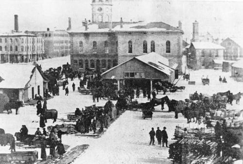 View of east side of market pavillion and town hall showing 1875 addition on back -1896; Guelph Public Library
