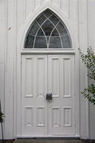 Main door of Mayne Corners Methodist Church, showing lancet window over doorway; OHT