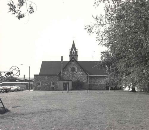 North elevation of Precious Blood Cathedral, showing sanctuary and transepts - c. 1983; OHT, 1983
