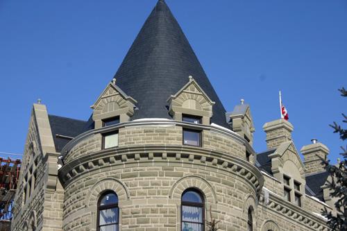 View of the southwest tower of Wesley Hall, Winnipeg, 2006; Historic Resources Branch, Manitoba Culture, Heritage and Tourism, 2006