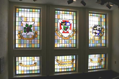 Interior detail, of stained glass windows from Manitoba College, Wesley Hall, Winnipeg, 2006.; Historic Resources Branch, Manitoba Culture, Heritage and Tourism, 2006