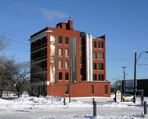South elevation, from the southwest, of the Ukrainian Cultural Centre, Winnipeg, 2005; Historic Resources Branch, Manitoba Culture, Heritage, Tourism and Sport, 2005