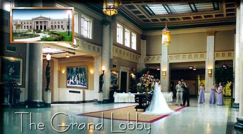 View of the restored grand lobby with picture of main building façade inset at top left – c. 2000; liunastation.com, 2001
