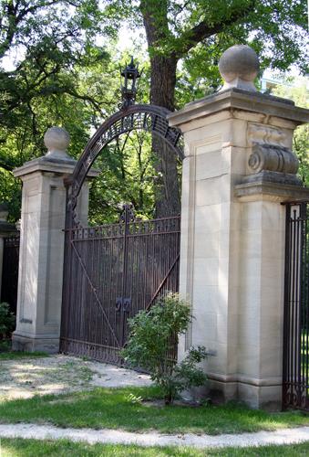Detail view of the posts of the Nanton Estate Gates, Winnipeg, 2006; Historic Resources Branch, Manitoba Culture, Heritage and Tourism, 2006