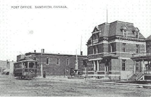 This early postcard shows a streetcar en route to Amherstburg as it nears Sandwich Post Office.; City of Windsor files