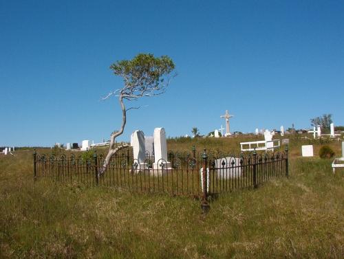 View of cemetery showing gravemarkers and plot fencing.  Photo taken September 2006.; HFNL/ Dale Jarvis 2006