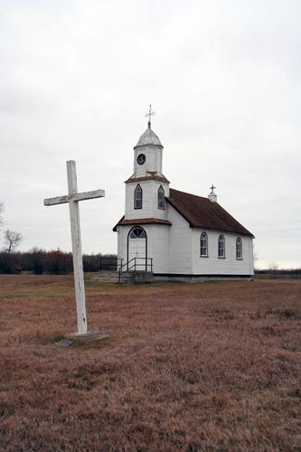Primary elevations, from the northeast, of Holy Cross Greek Catholic Church, Inwood area, 2007; Historic Resources Branch, Manitoba Culture, Heritage, Tourism and Sport, 2007