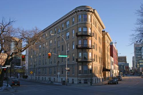Primary elevations, from the northwest, of the Ambassador Apartments, Winnipeg, 2007; Historic Resources Branch, Manitoba Culture, Heritage and Tourism, 2007