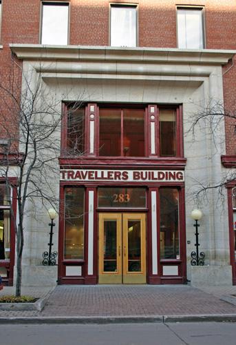Entrance detail of the Travellers Building, Winnipeg, 2006; Historic Resources Branch, Manitoba Culture, Heritage, Tourism and Sport, 2006