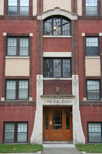 Wall and entrance details of the Raleigh Apartments, Winnipeg, 2007; Historic Resources Branch, Manitoba Culture, Heritage, Tourism and Sport, 2007