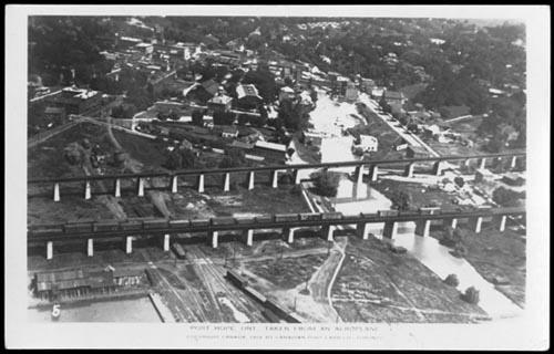 Historic view of CNR (near) and CPR (far) viaducts located slightly east of the station – c. 1919; Archives of Ontario, 1919