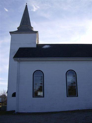 Detail of side elevation and tower, United Baptist Church, Woods Harbour, NS, 2008.; Department of Tourism, Culture and Heritage,Province of Nova Scotia 2008