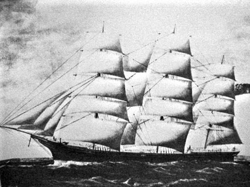 The vessel "The Rocklands" under sail; Town of St. Stephen
