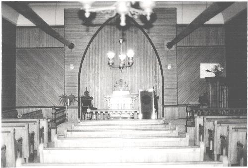 A view of the interior of the Raynardton Free Baptist Church, Municipality of the District of Yarmouth, NS, 1991.; Municipality of the District of Yarmouth, NS,1991.