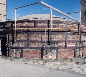 Detailed view of the Claybank Brick Plant National Historic Site of Canada, showing kilns, 1995.; Agence Parcs Canada / Parks Canada Agency, HRS 1035, 1995.