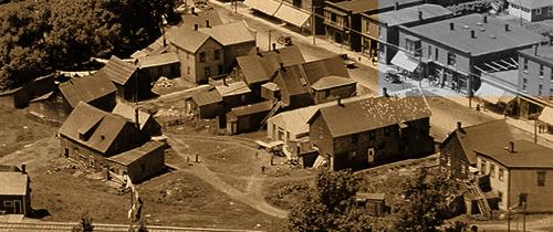 Historic image of main Street, Shediac, 1931. Poirier/Gallant Building is highlighted.; Private collection - information on file