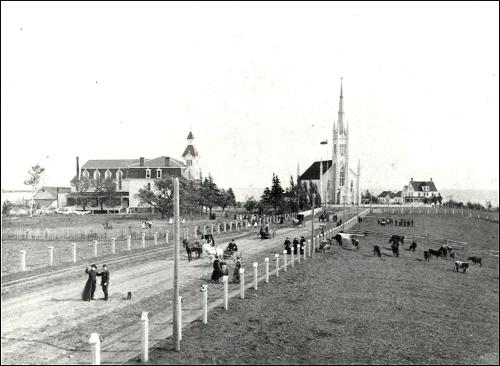 Historic view of Pointe-à-Jacquot, looking west. The former Saint-Jean-Baptiste Church is in the centre of the photograph.  Image taken in 1893.; Centre d'études acadiennes - PB2-14
