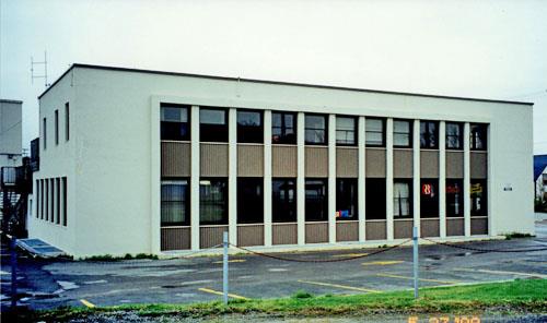 Side view of the Government of Canada Building emphasizing the slightly recessed fenestration, framed by parged pilasters, on the two-storey, northeast elevation, 1999.; Public Works and Government Services Canada / Travaux publics et Services gouvernementaux Canada, 1999.