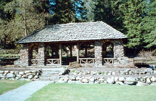 Front elevation of the Cambrian Pavilion, showing the symmetrical five-bay façade with wide arches with one central entrance arch, 1997.; Parks Canada Agency / Agence Parcs Canada, 1997.