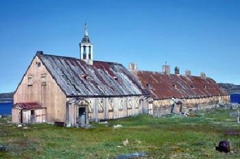 General view of Hebron Mission, showing the evenly spaced windows and doors, 1994.; Parks Canada Agency / Agence Parcs Canada, I.K. MacNeil, 1994.