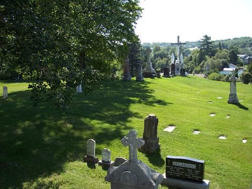 A photo of the tombstones of the Assomption Cemetery with the monument representing Jesus on the cross in the background; The Valley District Planning Commision