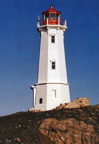 Side view of the Louisboug Lighttower showing its pedimented windows.; Lighthouses and Lights of Nova Scotia,  R. Erwin, n.d.