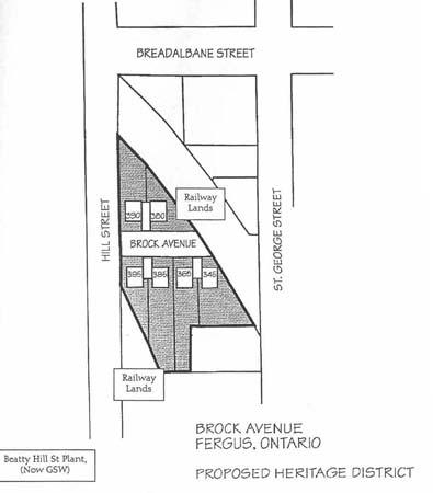 Plan of Brock Avenue HCD indicating location of six protected houses, 1996.; Township of Centre Wellington, 1996.