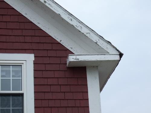 This photograph shows the large eave return, 2007.; Town of St. Andrews