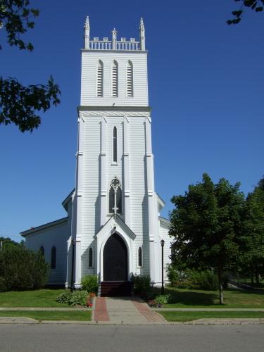 This photograph shows the large tower that projects from the front façade, 2007.; Town of St. Andrews