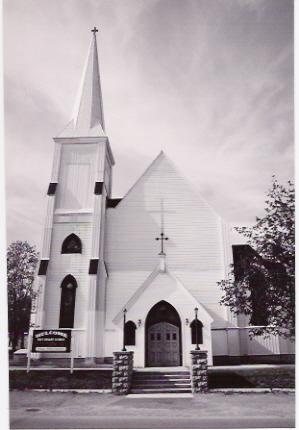 This image shows the front entrance and the 32.6 metre steeple of the church. ; Province of New Brunswick