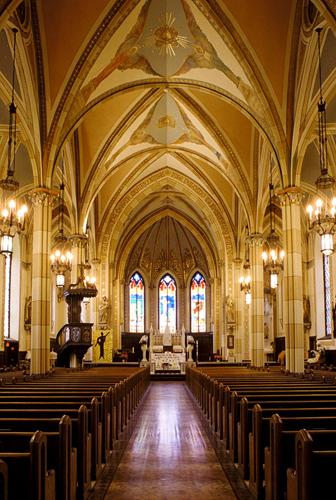 Interior of Assumption Church looking towards the altar showing decorative vaulted ceiling; OHT
